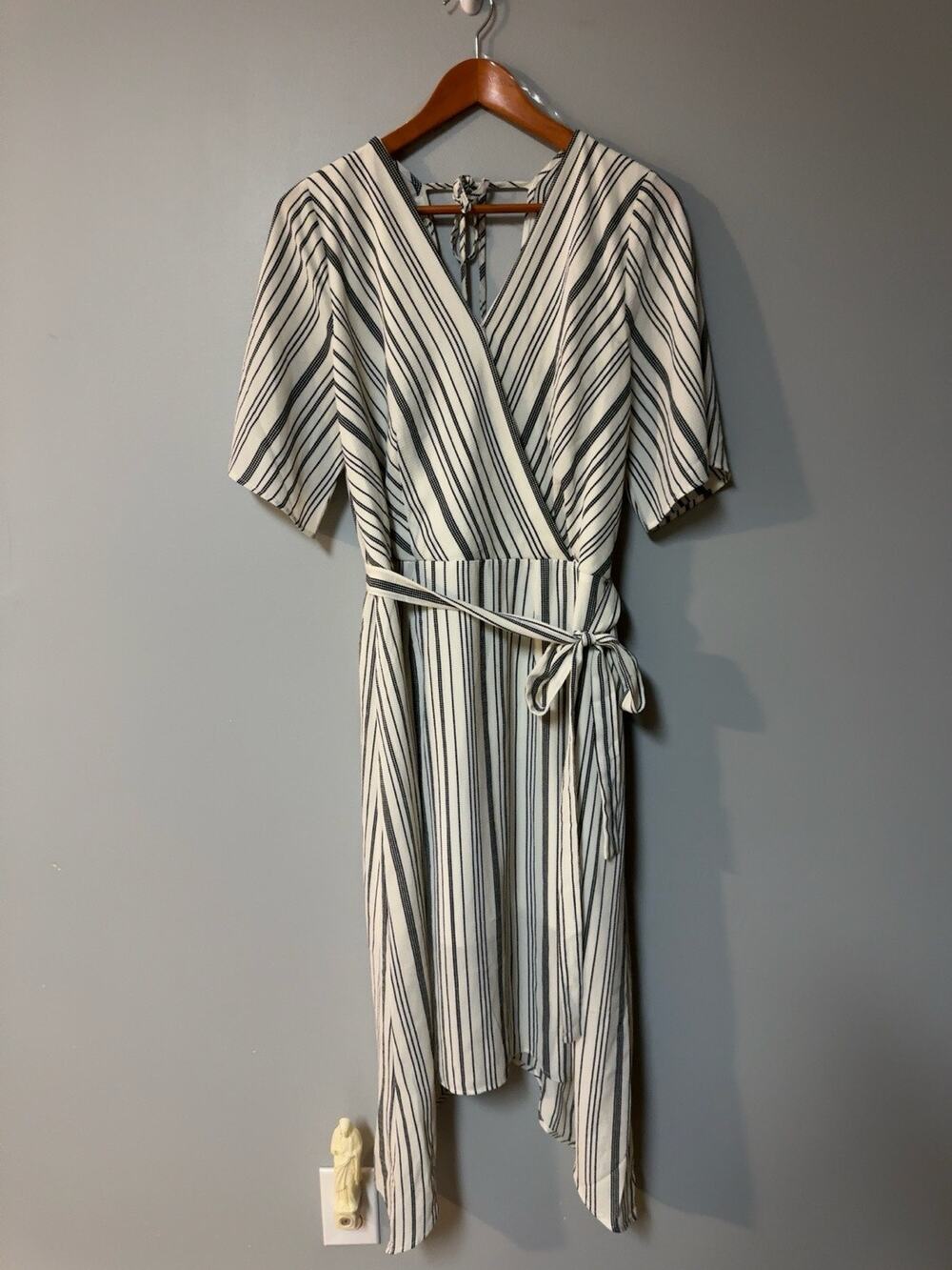 Maurices XXL White Black Striped Faux Wrap Tie Waist Handkerchief Hem Dress